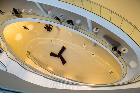CRACOW, POLAND - FEBRUARY 27, 2016: Foyer with staircase. ICE Krakow Congress Center, KrakÃ³w, Poland. Architect: Ingarden & Ewy, Ararta Isozakiのeditorial素材