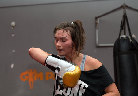 CRACOW, POLAND - FEBRUARY 12, 2016: Agnieszka Niestoj - talented Polish boxer durning boxing training with coach in the gym. Cracow, Polandのeditorial素材