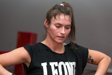 CRACOW, POLAND - FEBRUARY 12, 2016: Agnieszka Niestoj - talented Polish boxer durning boxing training with coach in the gym. Cracow, Polandのeditorial素材