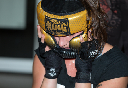CRACOW, POLAND - FEBRUARY 12, 2016: Agnieszka Niestoj - talented Polish boxer durning boxing training with coach in the gym. Cracow, Polandのeditorial素材