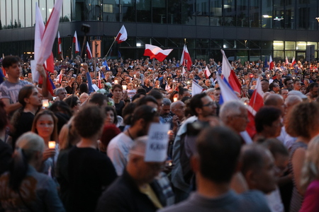 Thousands of government opponents protested in Cracow against new judicial reforms and future plans to change the Supreme Court. Cracow. polandのeditorial素材