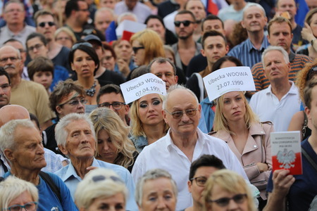 CRACOW, POLAND - JULY 23, 2017: Another day in Cracow  thousands of people protest against violation the constitutional law in Poland. Defense of the triad of division of power, free election and independence of the highest court in Polandのeditorial素材