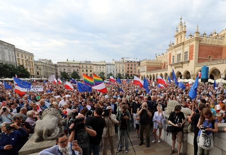 CRACOW, POLAND - JULY 23, 2017: Another day in Cracow  thousands of people protest against violation the constitutional law in Poland. Defense of the triad of division of power, free election and independence of the highest court in Polandのeditorial素材