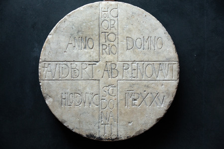 VERONA, ITALY - MAY 1, 2016: Inscription of Abbot Audiberto /838y/  in Castelvecchio Museum. Verona, Italyのeditorial素材