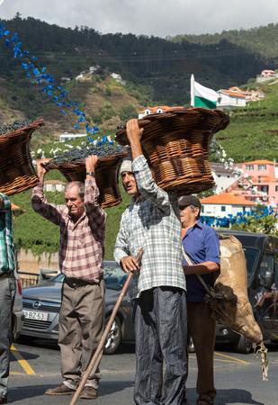 ESTREITO DE CAMARA DE LOBOS, PORTUGAL - SEPTEMBER 10, 2016: Men carrying baskets of grapes wearing in traditional costumes at Madeira Wine Festival in Estreito de Camara de Lobos, Madeira, Portugal. The Madeira Wine Festival honors the grape harvest with のeditorial素材
