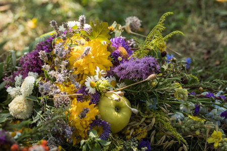 handmade  beautiful bouquets from flowers and herbsの写真素材