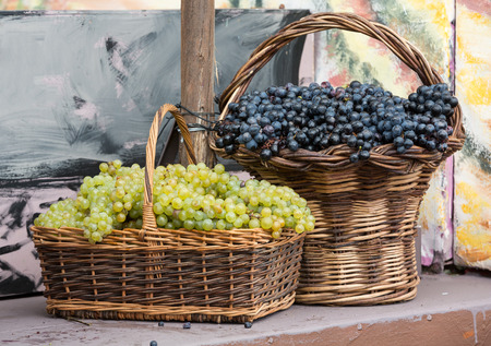 bunches of white and black grapes in a wicker basket.の写真素材