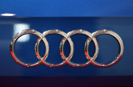 CRACOW, POLAND - MAY 20, 2017: Audi metallic logo closeup on Audi  car displayed at 3rd edition of MOTO SHOW in Cracow Poland. Exhibitors present  most interesting aspects of the automotive industryのeditorial素材