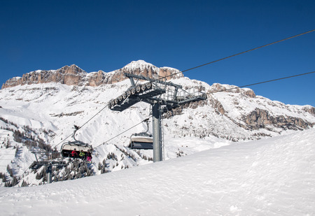 VAL GARDENA, ITALY -  FEBRUARY 07, 2017: Skiing area in the Dolomites Alps. Overlooking the Sella group  in Val Gardena. Italyのeditorial素材