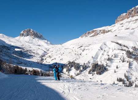 VAL GARDENA, ITALY -  FEBRUARY 07, 2017: Skiing area in the Dolomites Alps. Overlooking the Sella group  in Val Gardena. Italyのeditorial素材
