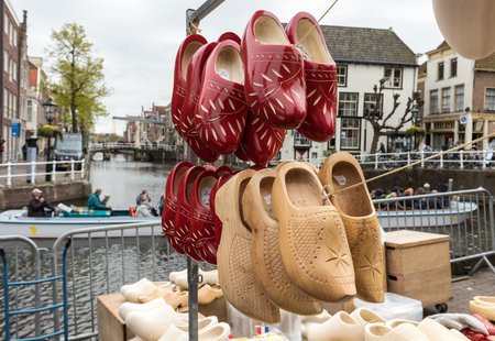 ALKMAAR, NETHERLANDS - APRIL 21, 2017:  Clogs for sale at the Alkmaar cheese market, Netherlands