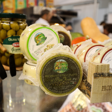 CRACOW POLAND - NOVEMBER 16 2017: Great cheeses Pecorino at Gastrofood - Trade Fair for Food and Drinks for Catering in Cracow. Polandのeditorial素材
