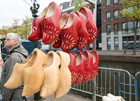 ALKMAAR, NETHERLANDS - APRIL 21, 2017:  Clogs for sale at the Alkmaar cheese market, Netherlandsのeditorial素材