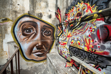 Funchal, Portugal - September 8, 2016: Funchal Old Town (Zona Velha), painted wall by local artist, Madeira Island, Portugal のeditorial素材
