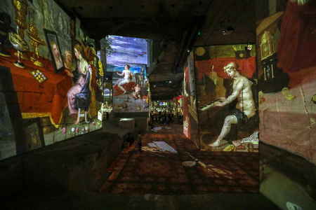 Les Baux, France - June 26, 2017: The Fantastic and Wonderful World of Bosch, Brueghel and Arcimboldo. The show lasts about thirty minutes and contains over 2,000 digital images displayed on an area of 7,000 m2 in the Carrières de Lumières with countless のeditorial素材