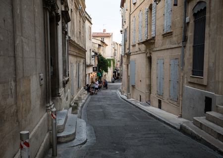 Arles, France - June 26, 2017: Cafe and restautants in the old town of Arles in Provence in the South of France.のeditorial素材