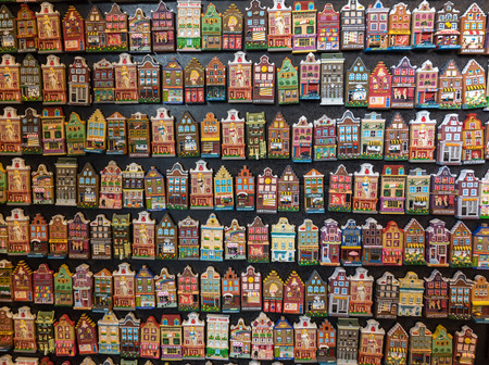 Amsterdam, Netherlands - April 20, 2017:  Flower market (Bloemenmarkt), fridge magnets depicting facades of Dutch houses. Amsterdam, Netherlandsのeditorial素材