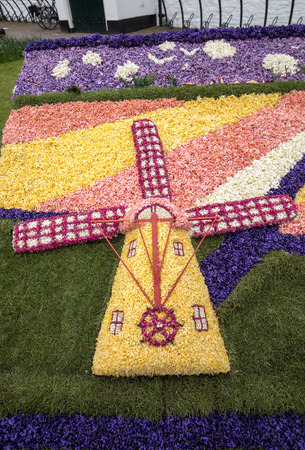Noordwijkerhout, Netherlands - April 21,  2017: Traditional windmill made of hyacinths at the traditional flowers parade Bloemencorso from Noordwijk to Haarlem in the Netherlandsのeditorial素材
