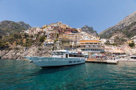 Positano, Italy - June 13, 2017: Positano seen from the sea on Amalfi Coast in the region Campania, Italy のeditorial素材
