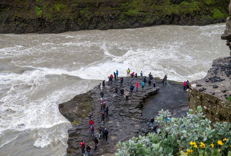 Gullfoss Waterfall, Iceland - July 19, 2017: Gullfoss,  most spectacular waterall, two cascades on the Hvita River tumbling into a deep gorge. Icelandのeditorial素材