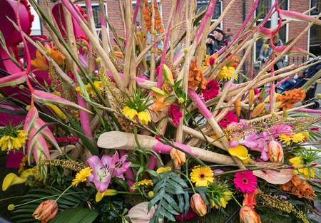 Noordwijkerhout, Netherlands - April 21,  2017: Floristic decorations  at the traditional flowers parade Bloemencorso from Noordwijk to Haarlem in the Netherlandsのeditorial素材