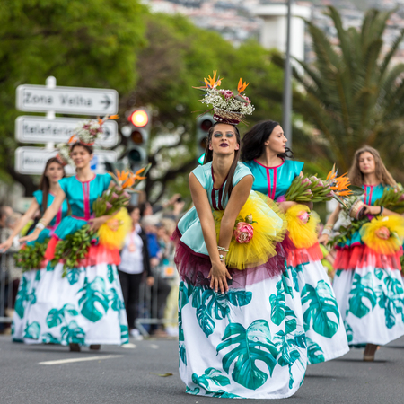Funchal; Madeira; Portugal - April 22; 2018: Annual parade of the Madeira Flower Festival in the city of Funchal on the Island of Madeira. Portugal.のeditorial素材