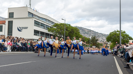 Funchal, Madeira, Portugal - April 22, 2018 : Annual parade of the Madeira Flower Festival in the city of Funchal on the Island of Madeira. Portugal.のeditorial素材