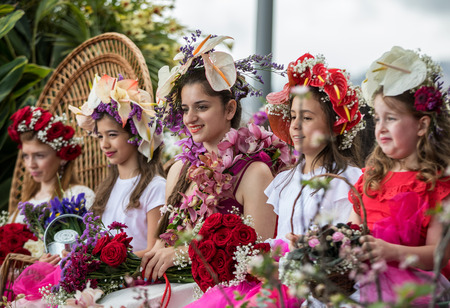 Funchal; Madeira; Portugal - April 22; 2018: Annual parade of the Madeira Flower Festival in the city of Funchal on the Island of Madeira. Portugal.のeditorial素材