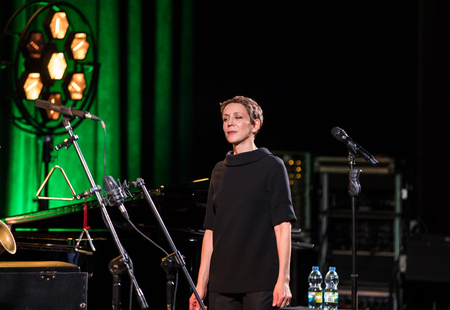 Cracow, Poland - April 26, 2018: The performance of the American jazz vocalist Stacey Kent with her accompanying quartet on the Kijow.Centre stage in Krakow, Poland. It is a concert in the cycle - The World of Great Music organized by the Cracovia Music Aのeditorial素材