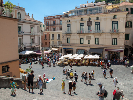 Amalfi, Italy - June 13, 2017: Tourists visit famous Piazza del Duomo with many cafes, bars and souvenir shops . Amalfi. Italyのeditorial素材