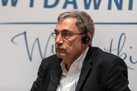 Cracow, Poland - May 21, 2018: Meeting with the Turkish writer, Nobel Prize laureate Orhan Pamuk in Krakow on the occasion of the 65th anniversary of the Literary Publishers. Polandのeditorial素材