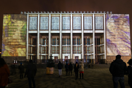 Cracow, Poland - February 3, 2018: Mapping on the facade of the National Museum inspired by the painting of Stanislaw Wyspianski. Krakow, Polandのeditorial素材