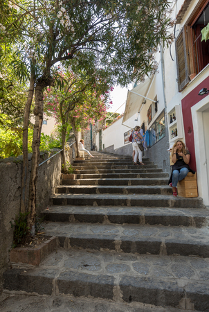 Ravello, Italy - June 16, 2017: A narrow steep street with blooming oleanders in Ravello. Amalfi Coast. Italyのeditorial素材