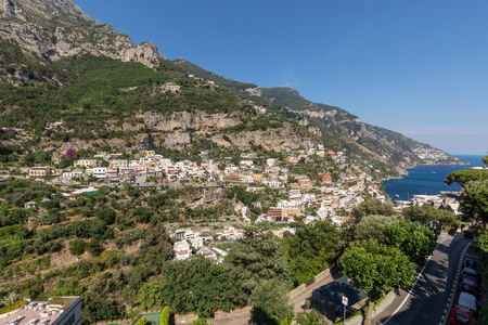 Positano, Italy - June 12, 2017: Panorama of Positano with houses climbing up the hill, Campania, Italyのeditorial素材