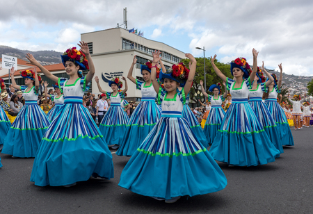 Funchal; Madeira; Portugal - April 22; 2018: Annual parade of the Madeira Flower Festival in the city of Funchal on the Island of Madeira. Portugal.のeditorial素材