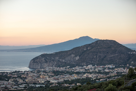 Romantic sunset in the Gulf of Naples and Vesuvius. Sorrento. Italyの写真素材