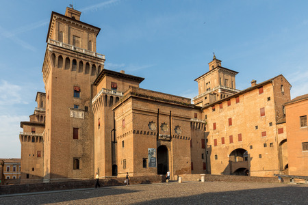 Ferrara, Italy - June 10, 2017: Castle Estense, a four towered fortress from the 14th century, Ferrara, Emilia-Romagna, Italyのeditorial素材