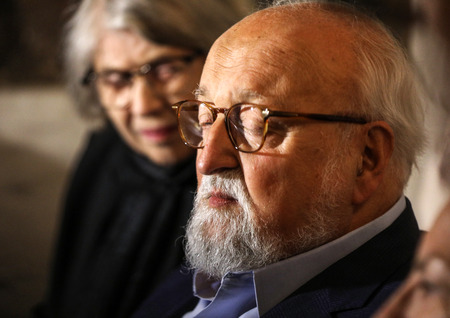 Cracow, Poland - June 26, 2018: The Polish composer Krzysztof Penderecki during the ceremony of putting a handprint on a memorial plaque at the legendary  Piwnica pod Baranami in Krakow. Polandのeditorial素材