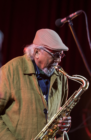 Cracow, Poland - June 28, 2018: Charles Lloyd & The Marvels and Bill Frisell live on stage of Kijow.Centre at the Summer Jazz Festival in Krakow. Polandのeditorial素材
