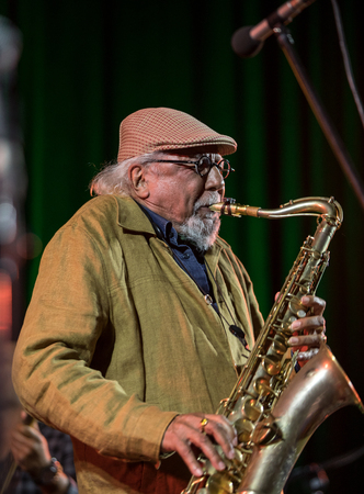 Cracow, Poland - June 28, 2018: Charles Lloyd & The Marvels and Bill Frisell live on stage of Kijow.Centre at the Summer Jazz Festival in Krakow. Polandのeditorial素材