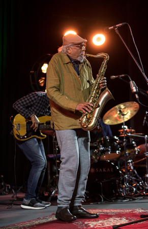 Cracow, Poland - June 28, 2018: Charles Lloyd & The Marvels and Bill Frisell live on stage of Kijow.Centre at the Summer Jazz Festival in Krakow. Polandのeditorial素材