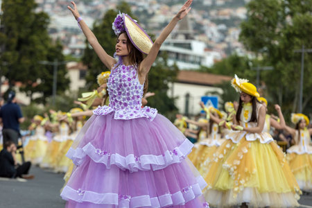 Funchal; Madeira; Portugal - April 22; 2018: A group of women in colorful costumes are dancing at Madeira Flower Festival Parade in Funchal on the Island of Madeira. Portugal.のeditorial素材