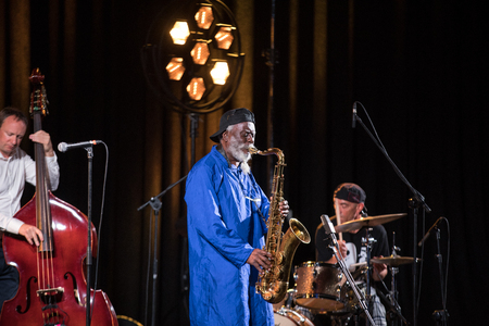 Cracow, Poland - July 12, 2018: Icon of world jazz - Pharoah Sanders the Icon Quartetet live on stage of Kijow.Centre at the Summer Jazz Festival in Krakow. Polandのeditorial素材