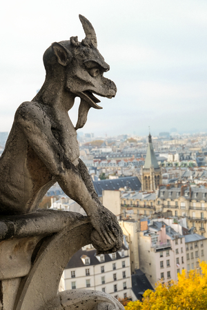 Chimeras (gargoyles) of the Cathedral of Notre Dame de Paris overlooking Paris, Franceの写真素材