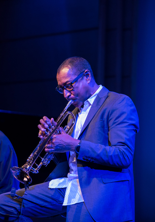 Cracow, Poland - July 5, 2018: Michal Urbaniak  live on stage of Manggha Museum of Japanese Art and Technology at the Summer Jazz Festival in Krakow. Polandのeditorial素材