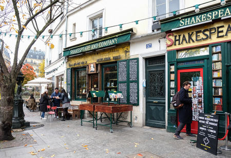 Paris, France - November 2017: Facade of the Shakespeare and company bookshop, store in Paris,...