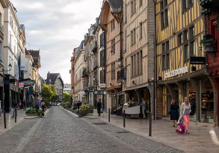 Troyes, France - August 31, 2018: View of old town in Troyes - capital of Aube department in Champagne region. France. Many half-timbered houses (mainly of 16th century) survive in old townのeditorial素材