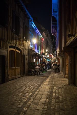 Troyes, France - August 31, 2018: Views of old town at night. Troyes - capital of Aube department in Champagne region. France. Many half-timbered houses (mainly of 16th century) survive in old townのeditorial素材