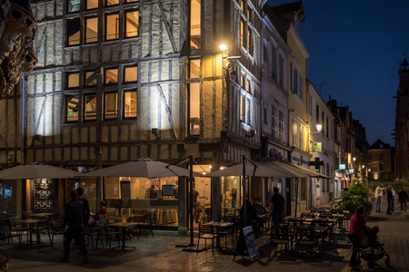 Troyes, France - August 31, 2018: Views of old town at night. Troyes - capital of Aube department in Champagne region. France.のeditorial素材