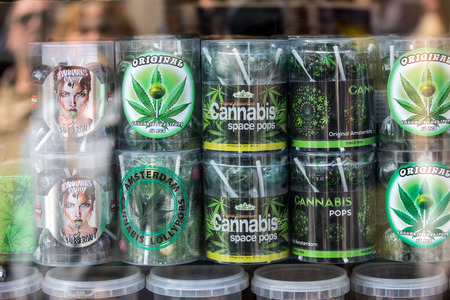 Amsterdam, Netherlands - April 20, 2017: A selection of cannabis cookies in a shop window in Amsterdam, Netherlandsのeditorial素材